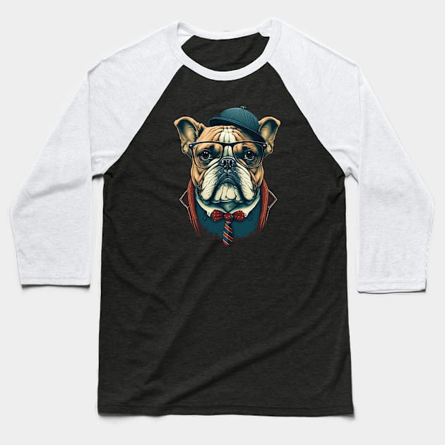 Hipster Bulldog Baseball T-Shirt by JayD World